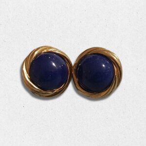 Trifari Signed Earrings Cabochon Stone Enamel Centerpiece Goldtone/Blue Women's